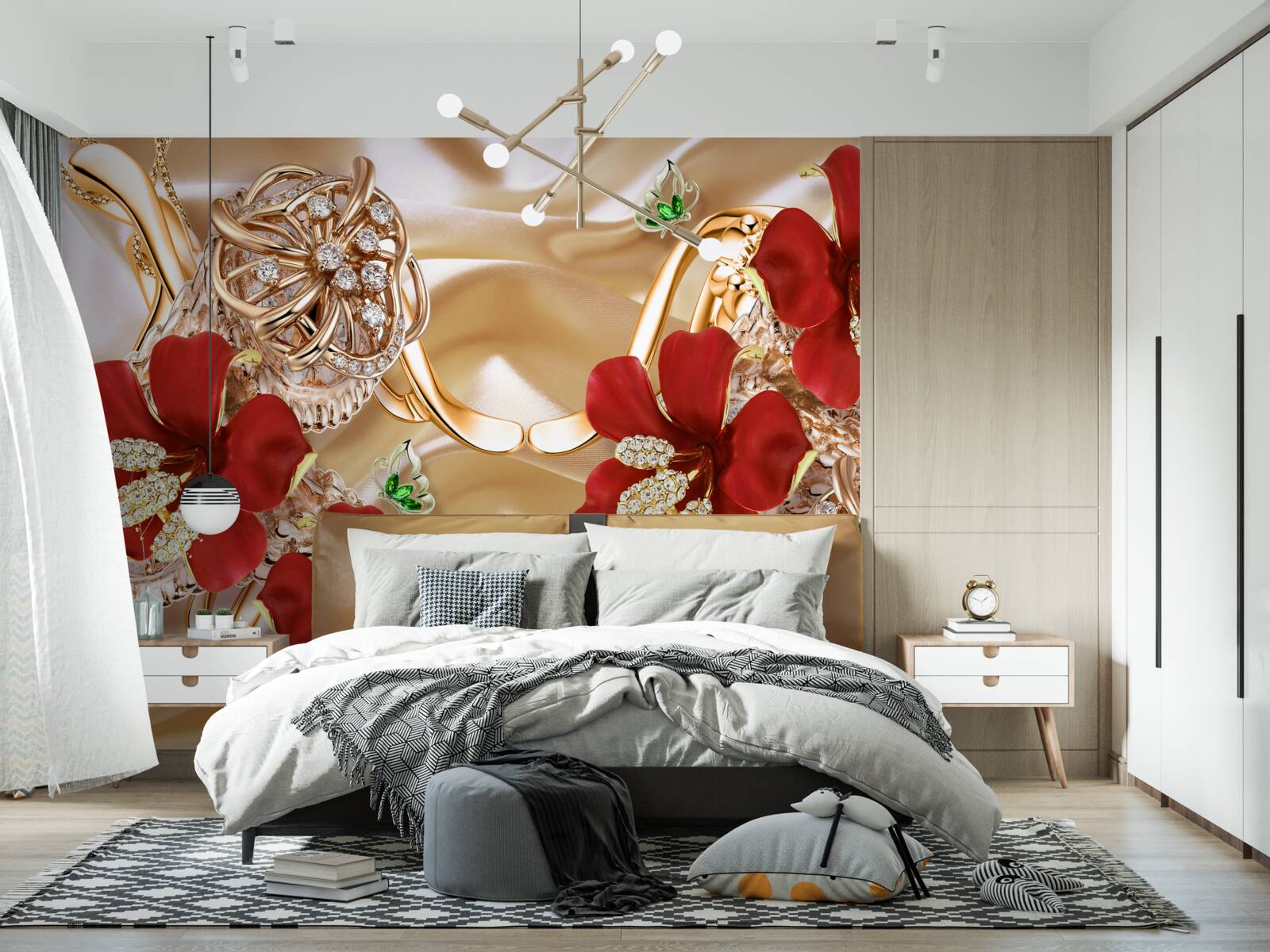 Fototapeta červené púčiky zdobené ozdobnými prvkami na zlatom hodvábe