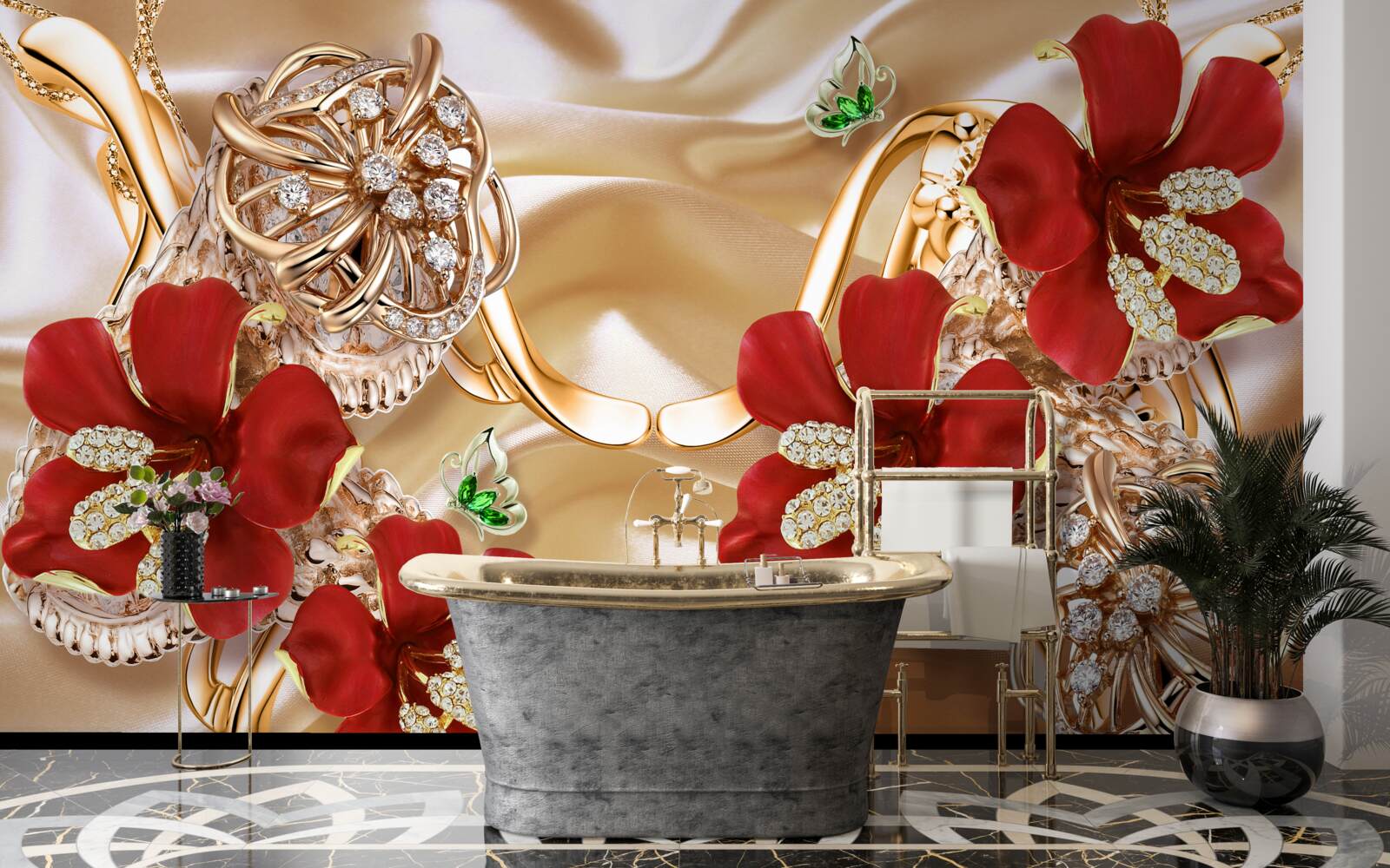 Fototapeta červené púčiky zdobené ozdobnými prvkami na zlatom hodvábe