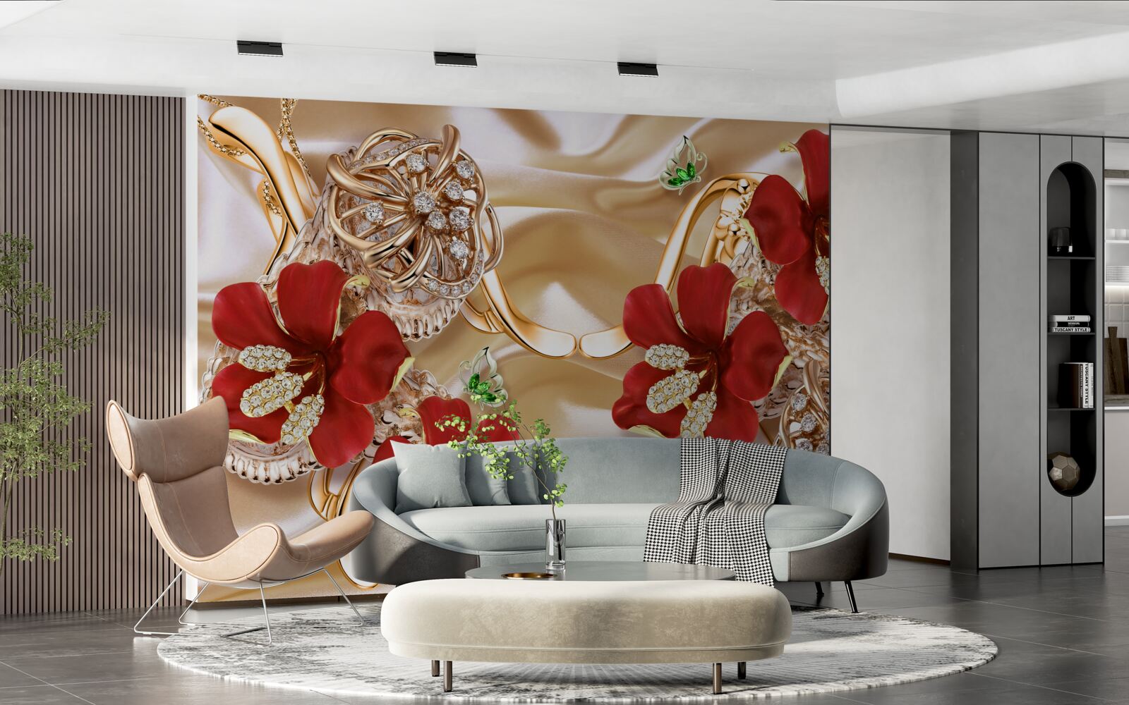 Fototapeta červené púčiky zdobené ozdobnými prvkami na zlatom hodvábe