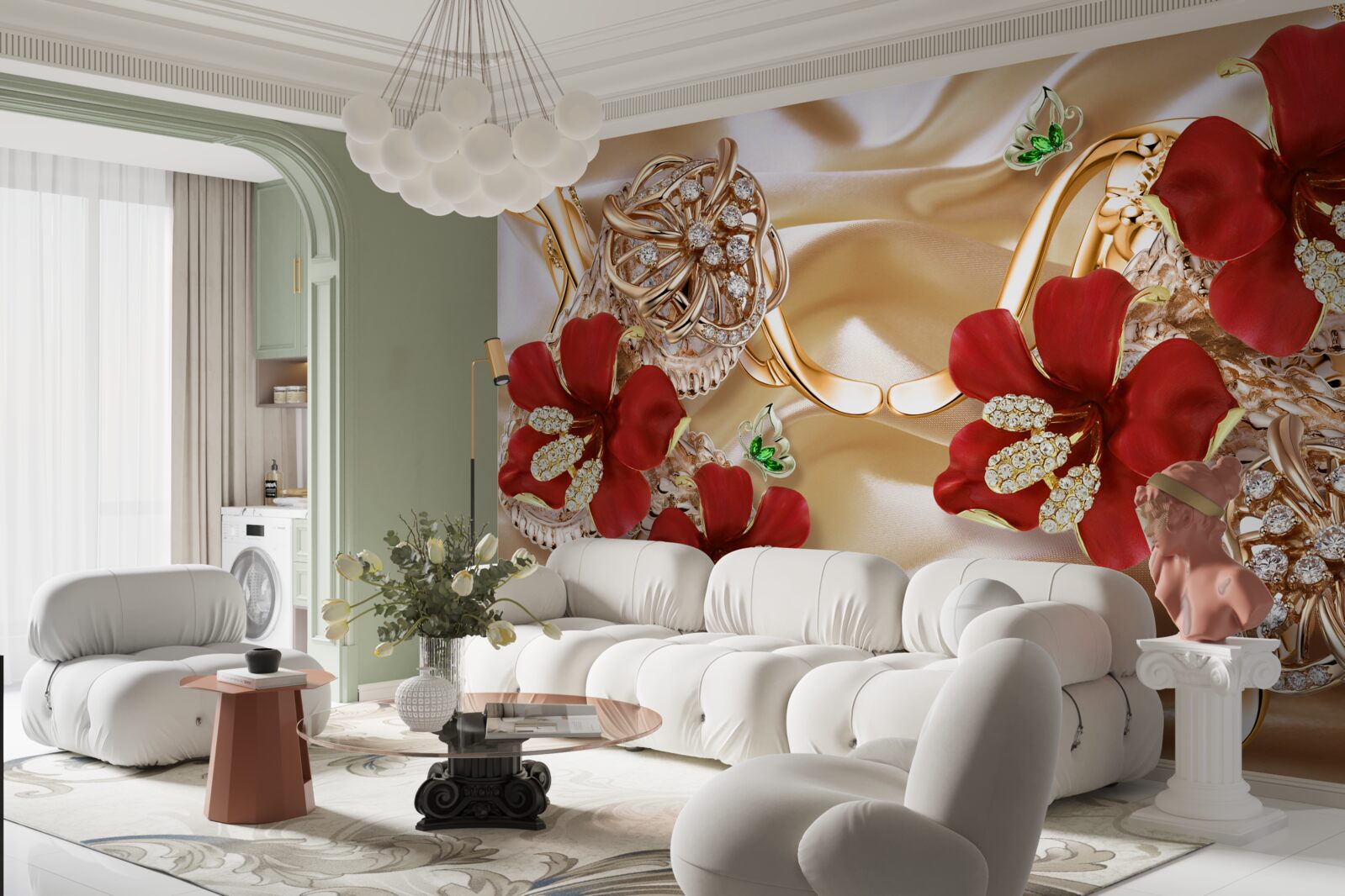 Fototapeta červené púčiky zdobené ozdobnými prvkami na zlatom hodvábe