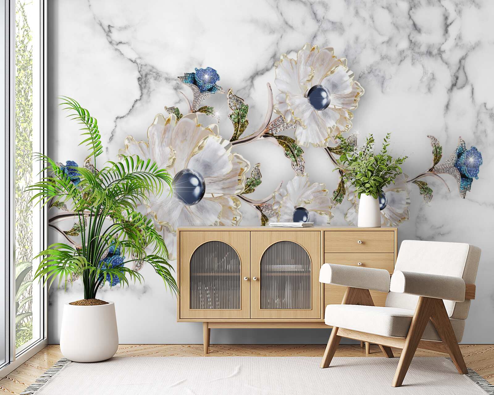 Fototapeta mramor je zdobený bielymi kvetmi s perličkami