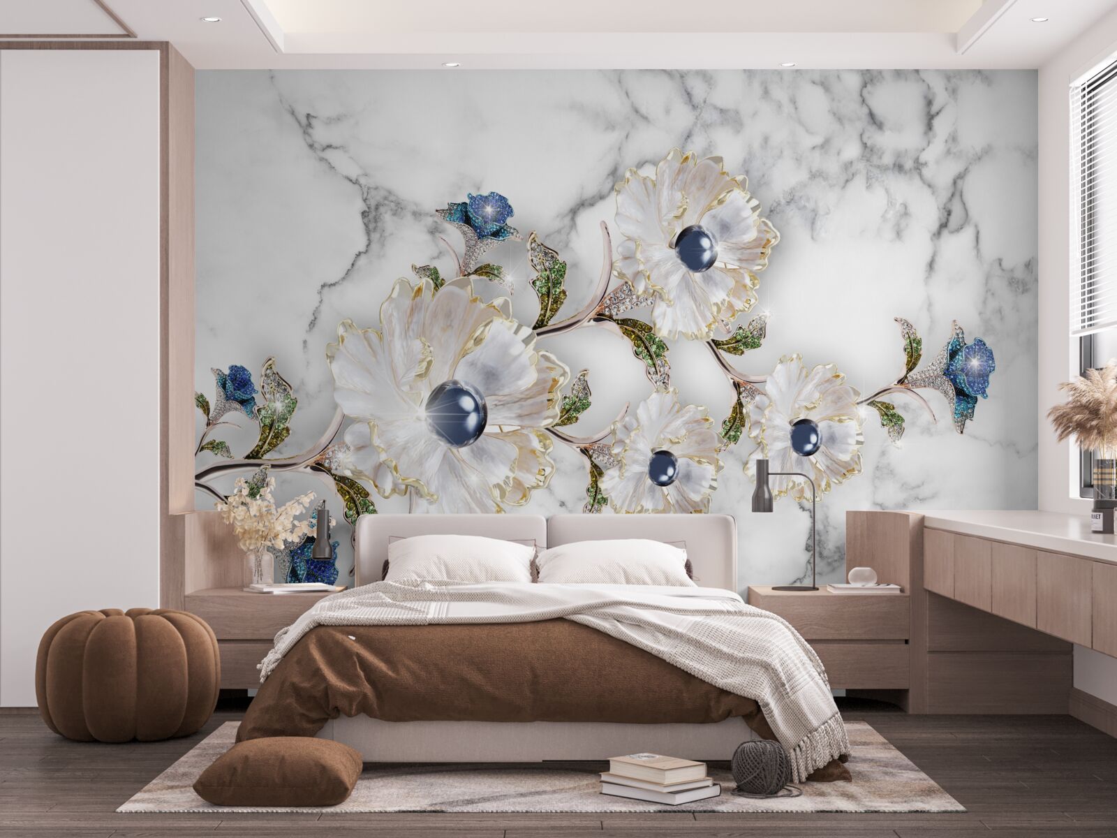 Fototapeta mramor je zdobený bielymi kvetmi s perličkami