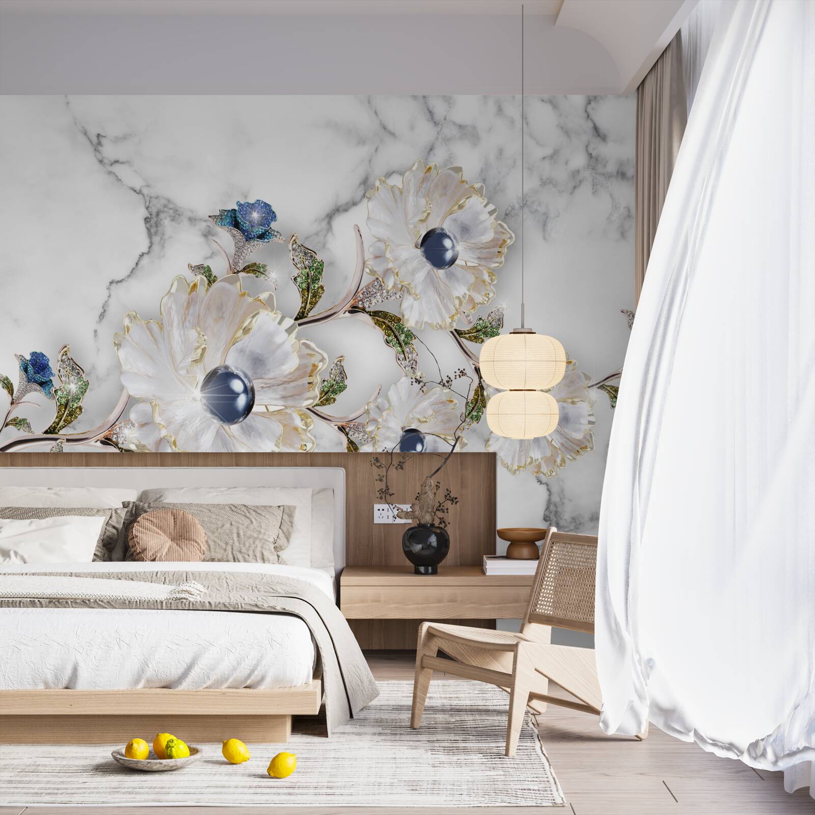 Fototapeta mramor je zdobený bielymi kvetmi s perličkami