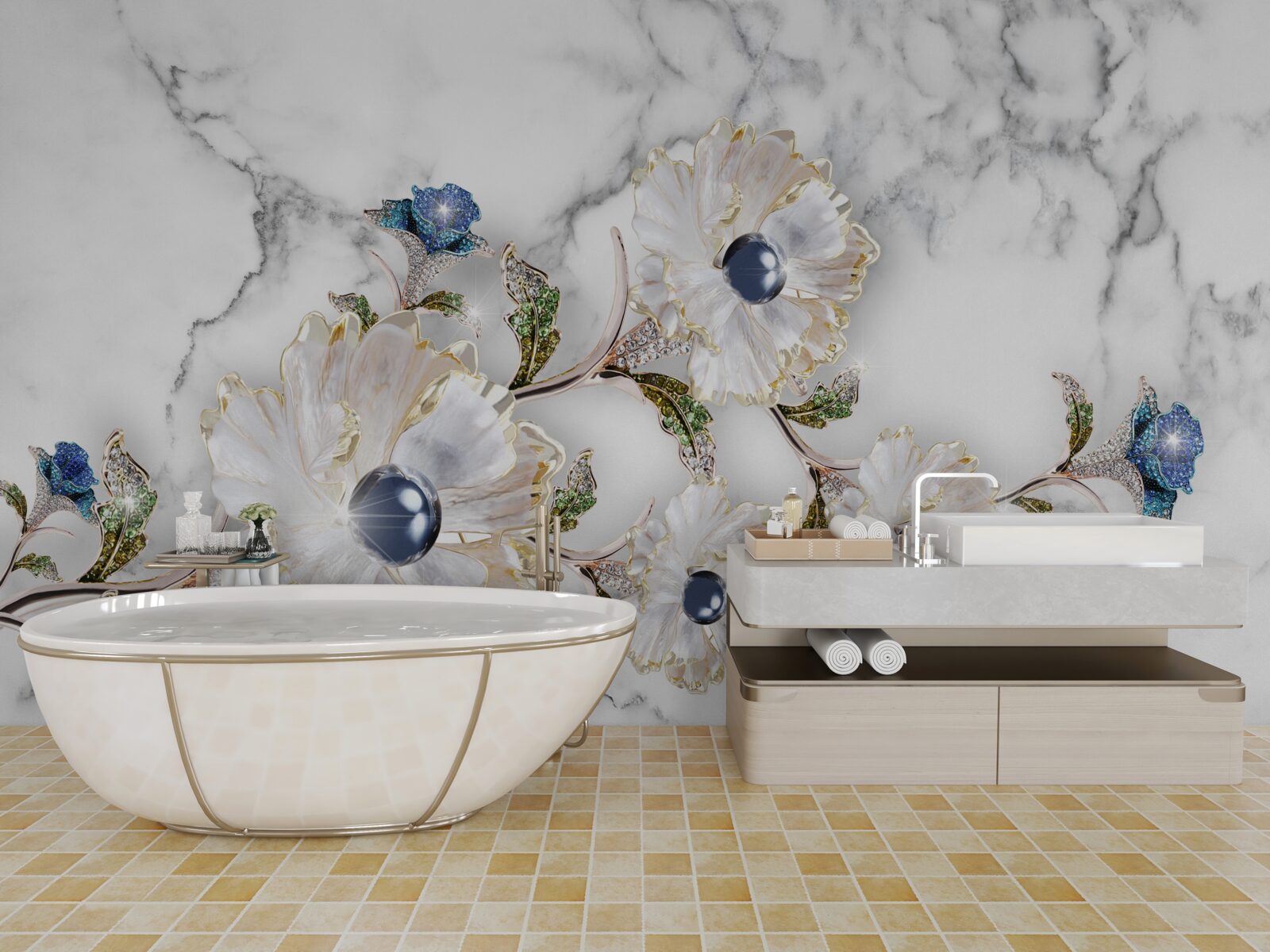 Fototapeta mramor je zdobený bielymi kvetmi s perličkami