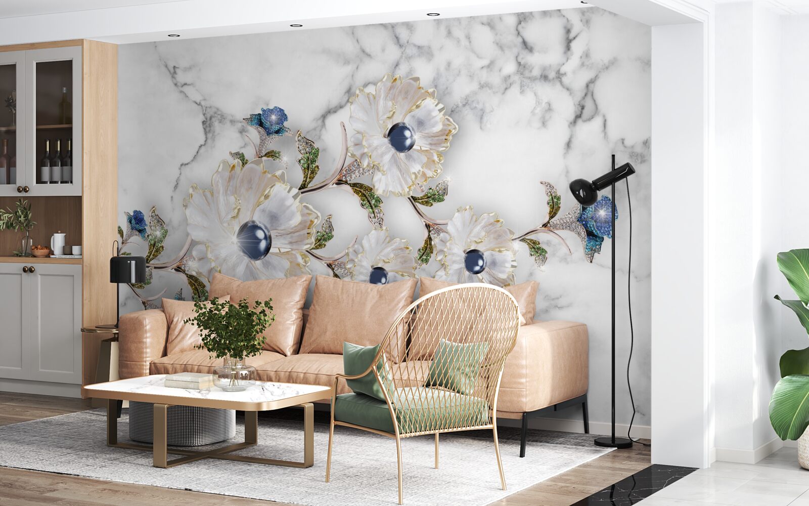 Fototapeta mramor je zdobený bielymi kvetmi s perličkami