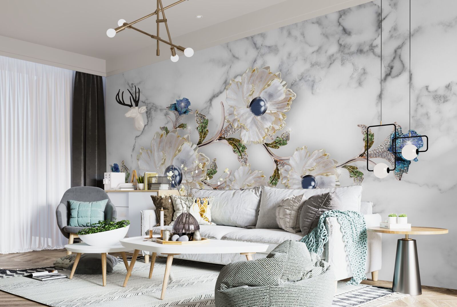 Fototapeta mramor je zdobený bielymi kvetmi s perličkami