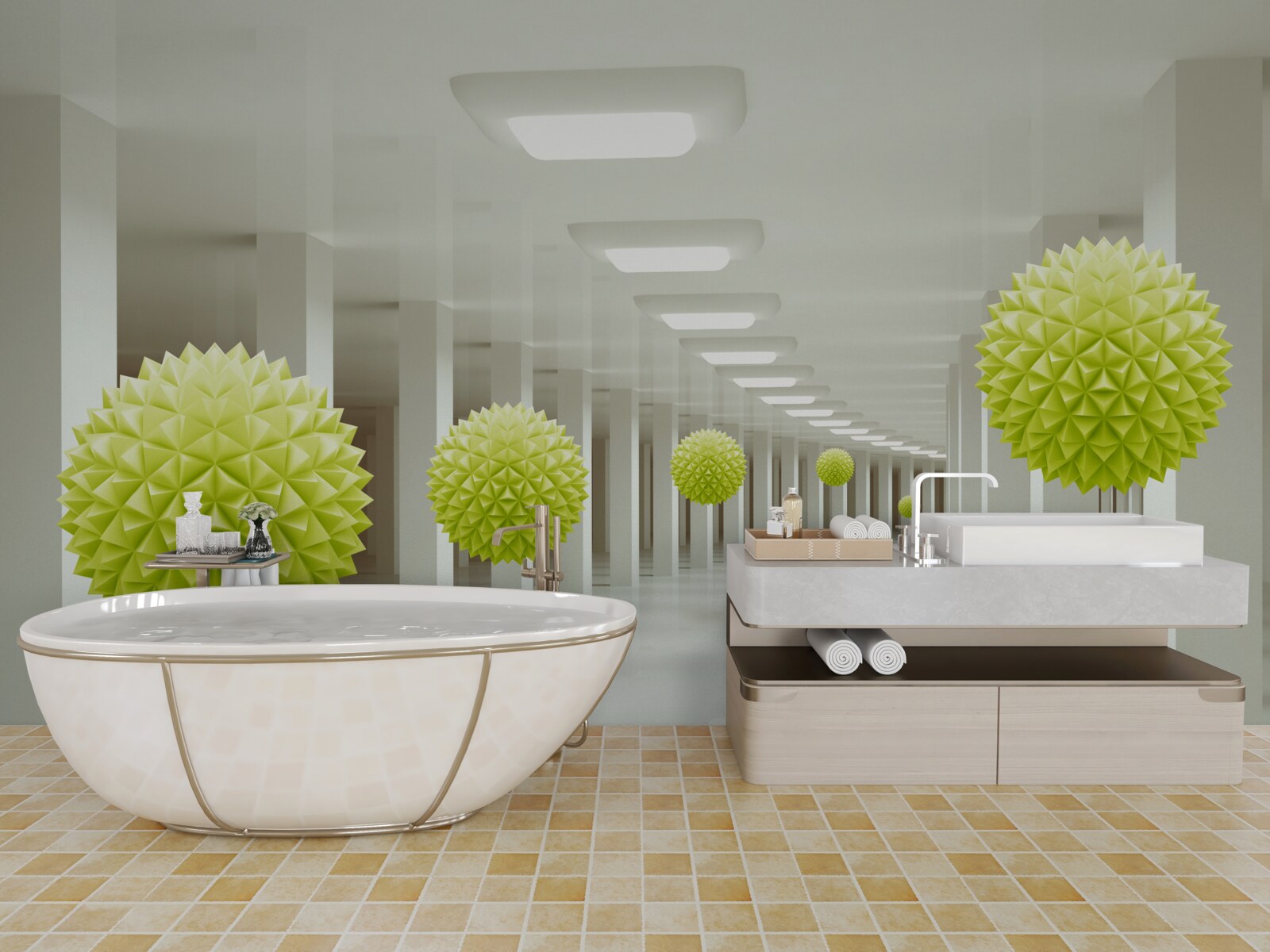 Fototapeta tunel v perspektíve obklopený žltými guličkami