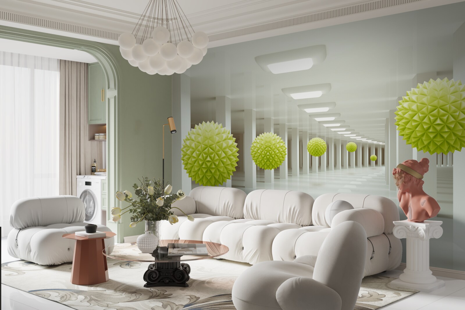 Fototapeta tunel v perspektíve obklopený žltými guličkami