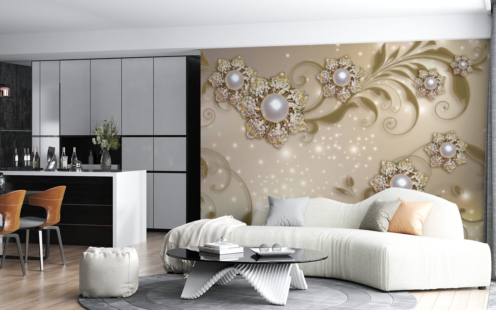 Fototapeta šperky z kvetov a perál, vyrobené v zlatých tónoch