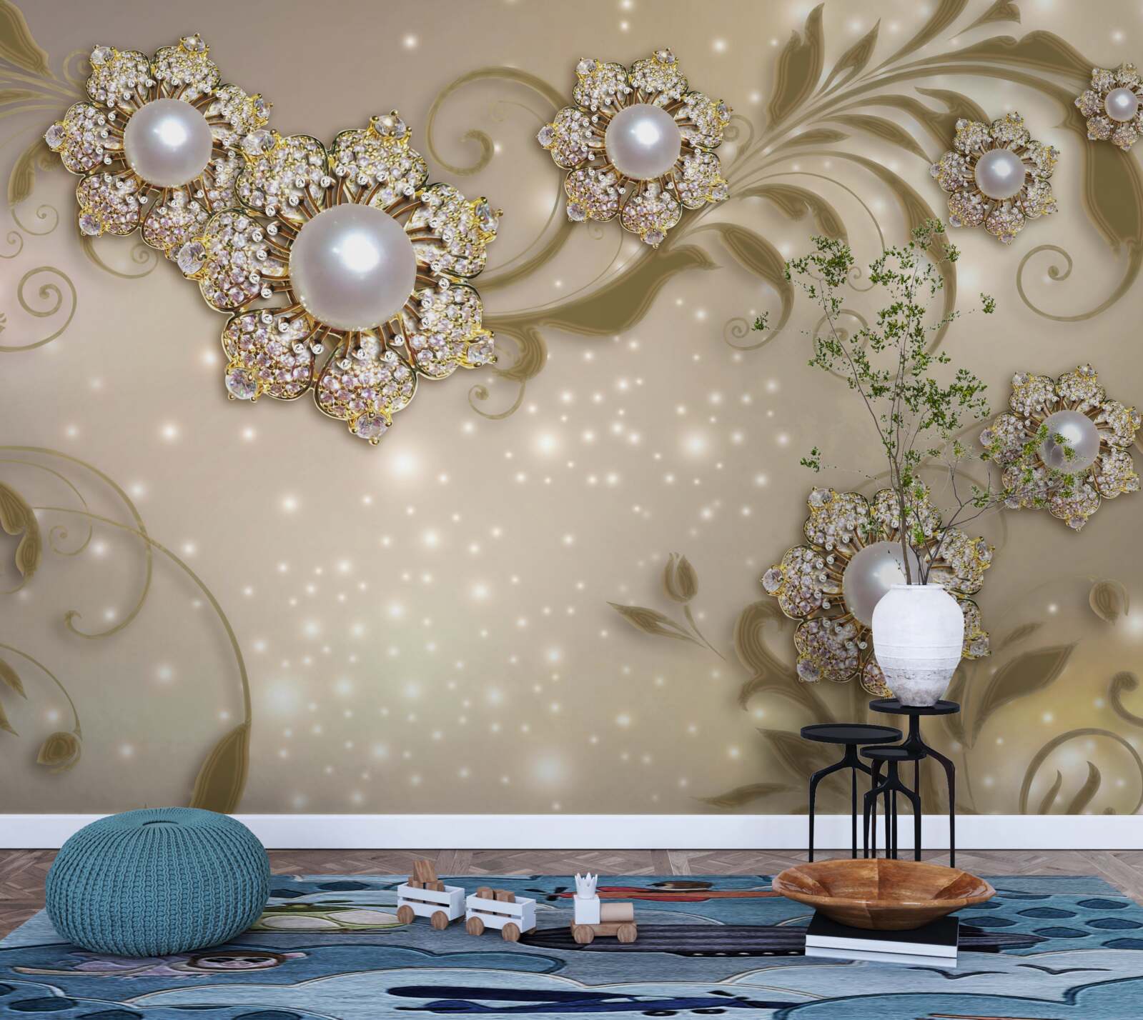 Fototapeta šperky z kvetov a perál, vyrobené v zlatých tónoch