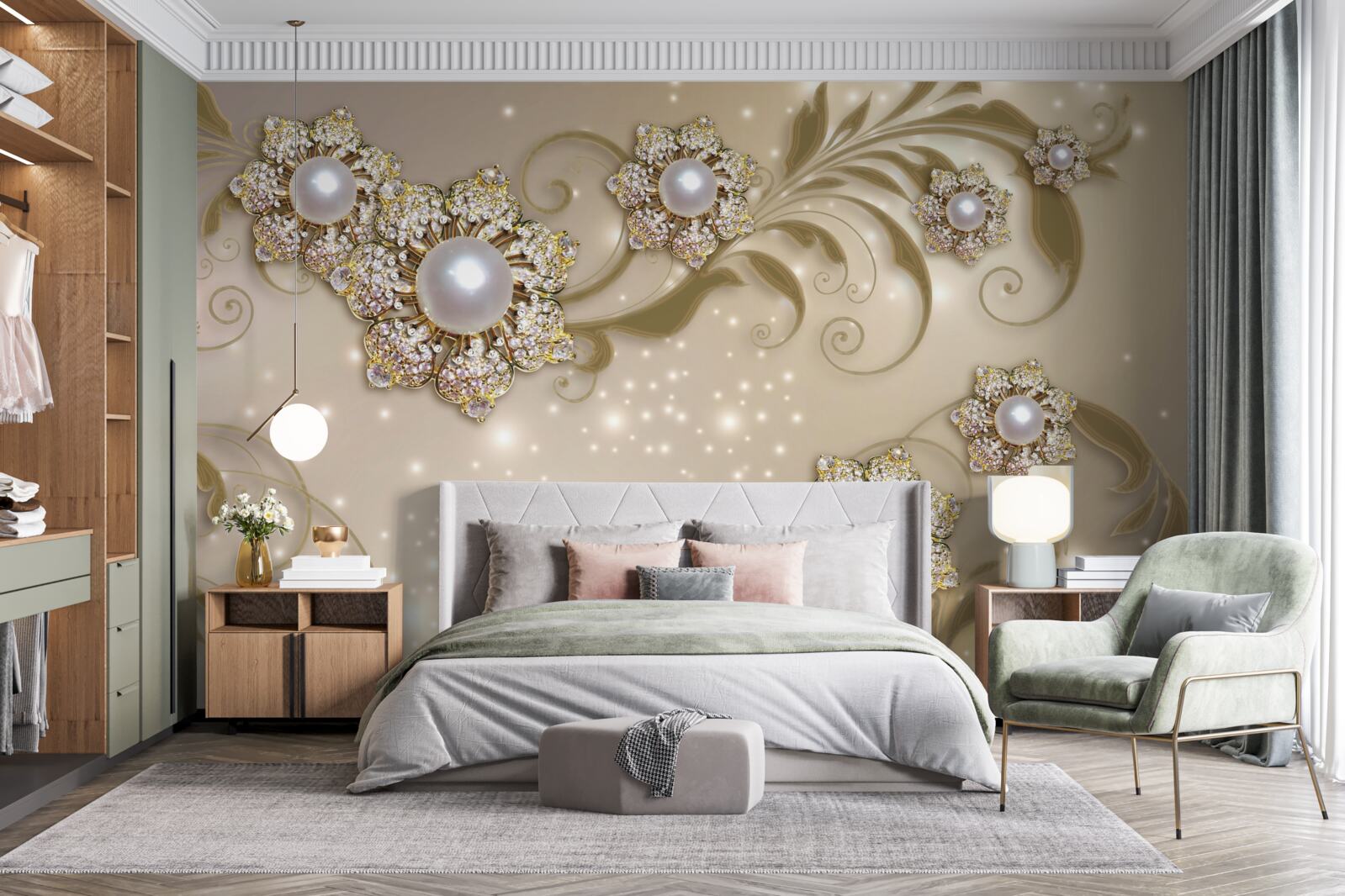 Fototapeta šperky z kvetov a perál, vyrobené v zlatých tónoch