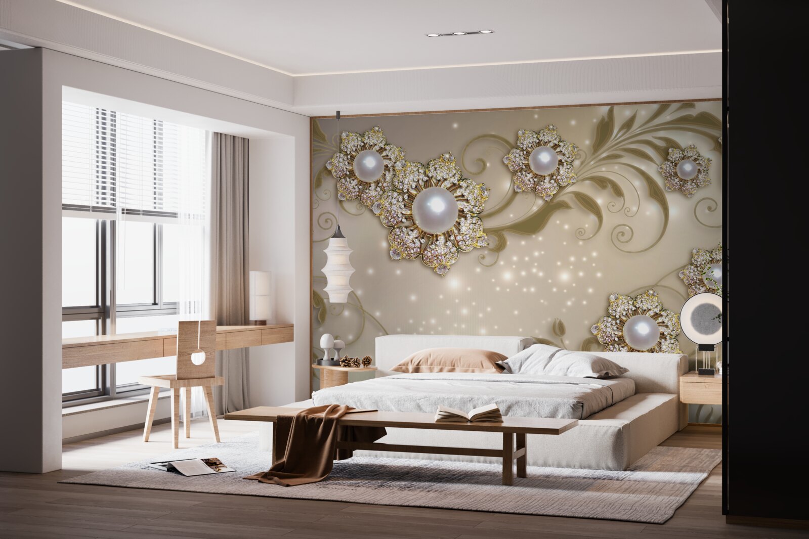 Fototapeta šperky z kvetov a perál, vyrobené v zlatých tónoch