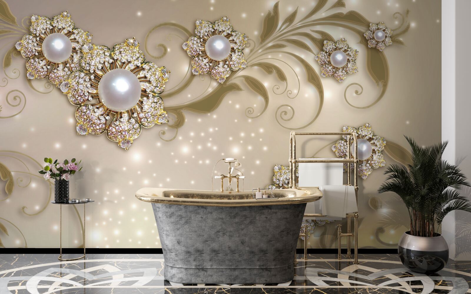 Fototapeta šperky z kvetov a perál, vyrobené v zlatých tónoch