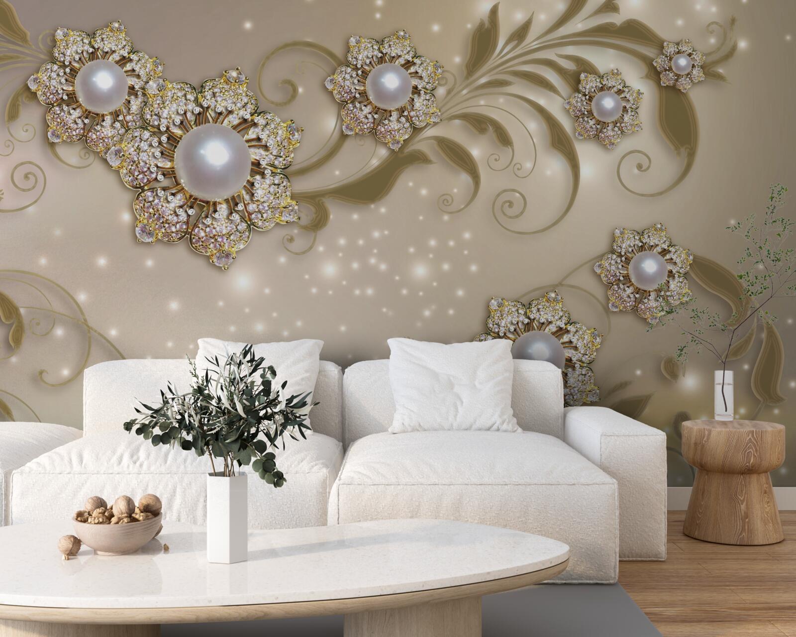 Fototapeta šperky z kvetov a perál, vyrobené v zlatých tónoch