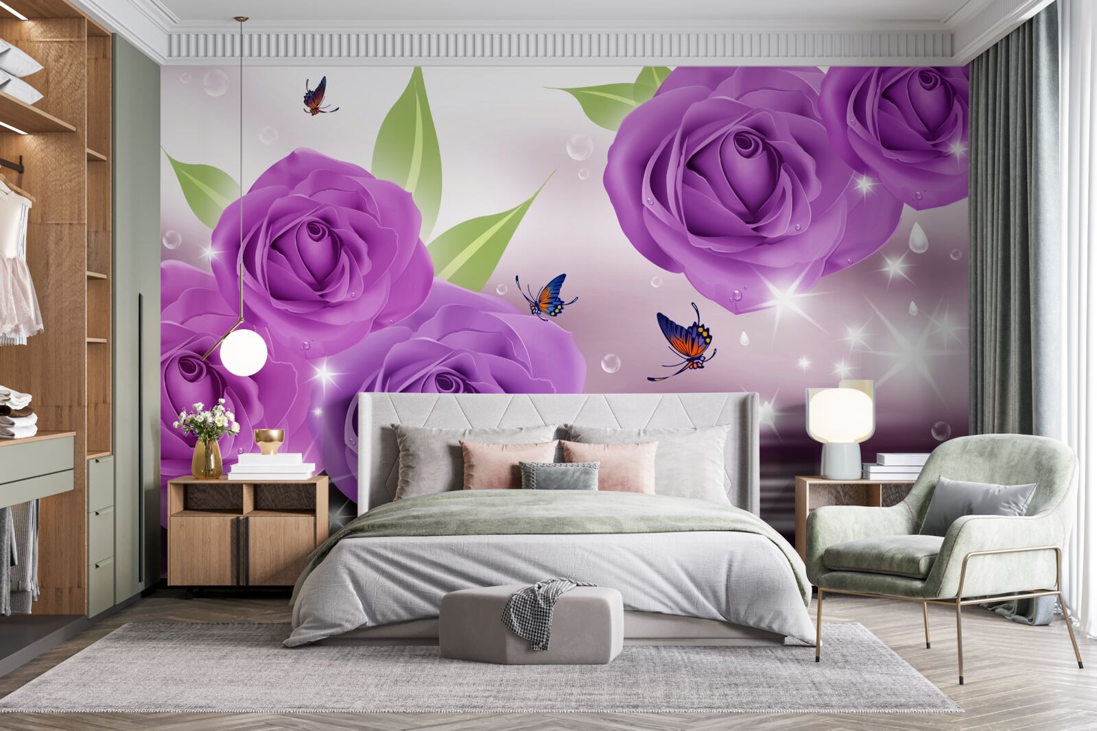 Fototapeta motýle a ruže sú tmavofialové lila