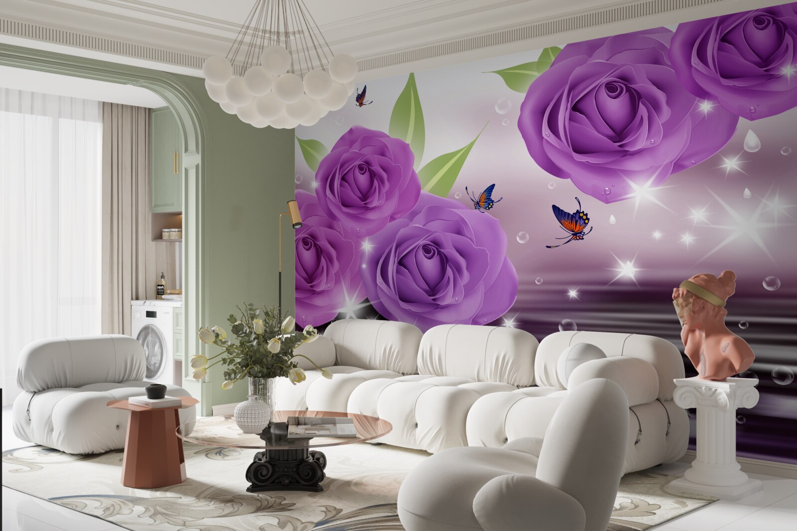 Fototapeta motýle a ruže sú tmavofialové lila