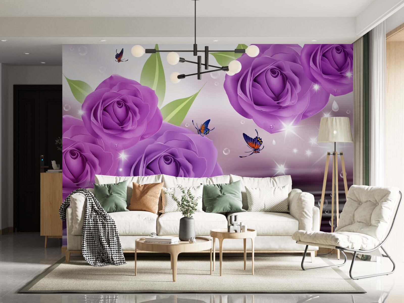 Fototapeta motýle a ruže sú tmavofialové lila