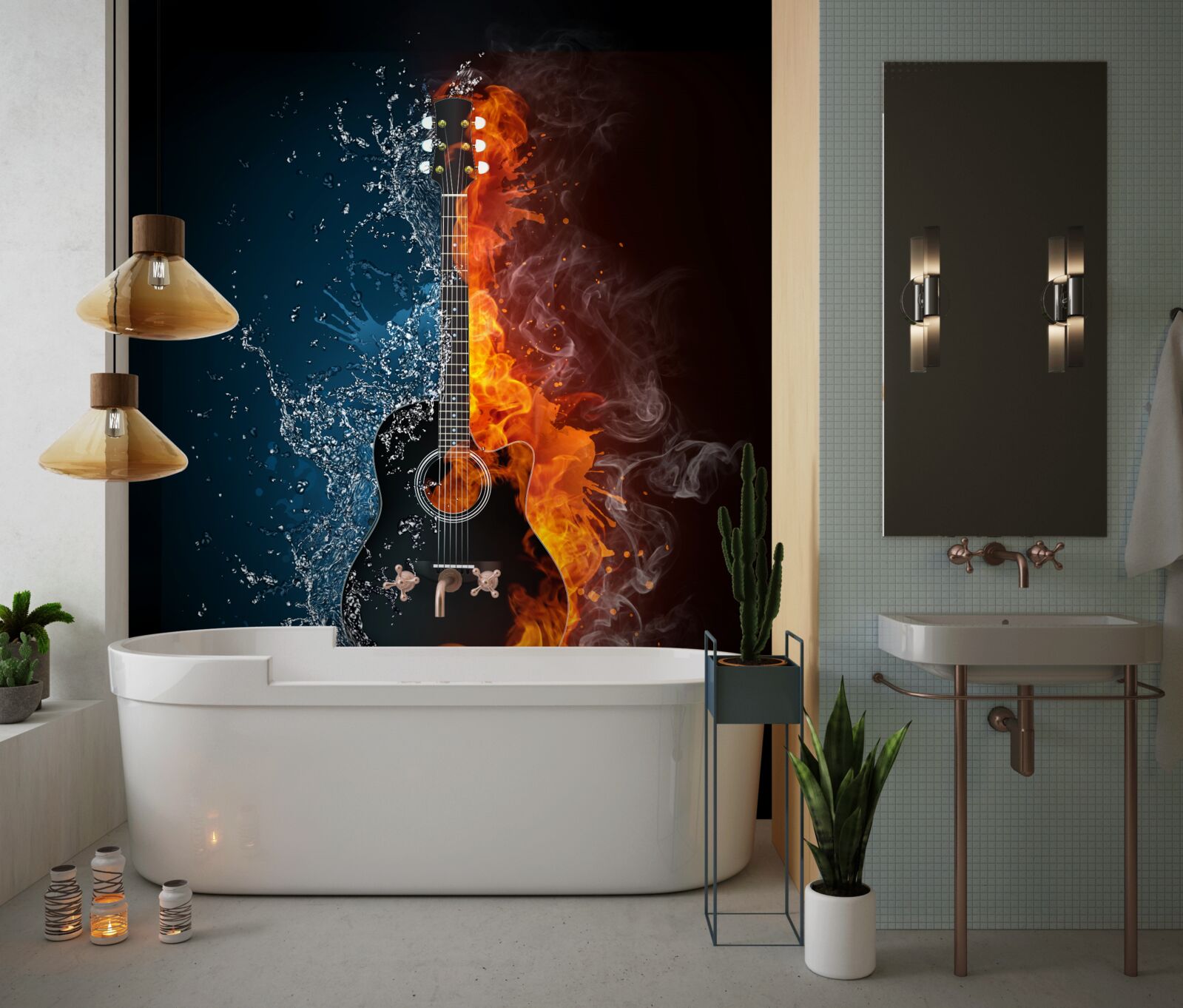 Fototapeta voda a oheň obklopujú gitaru