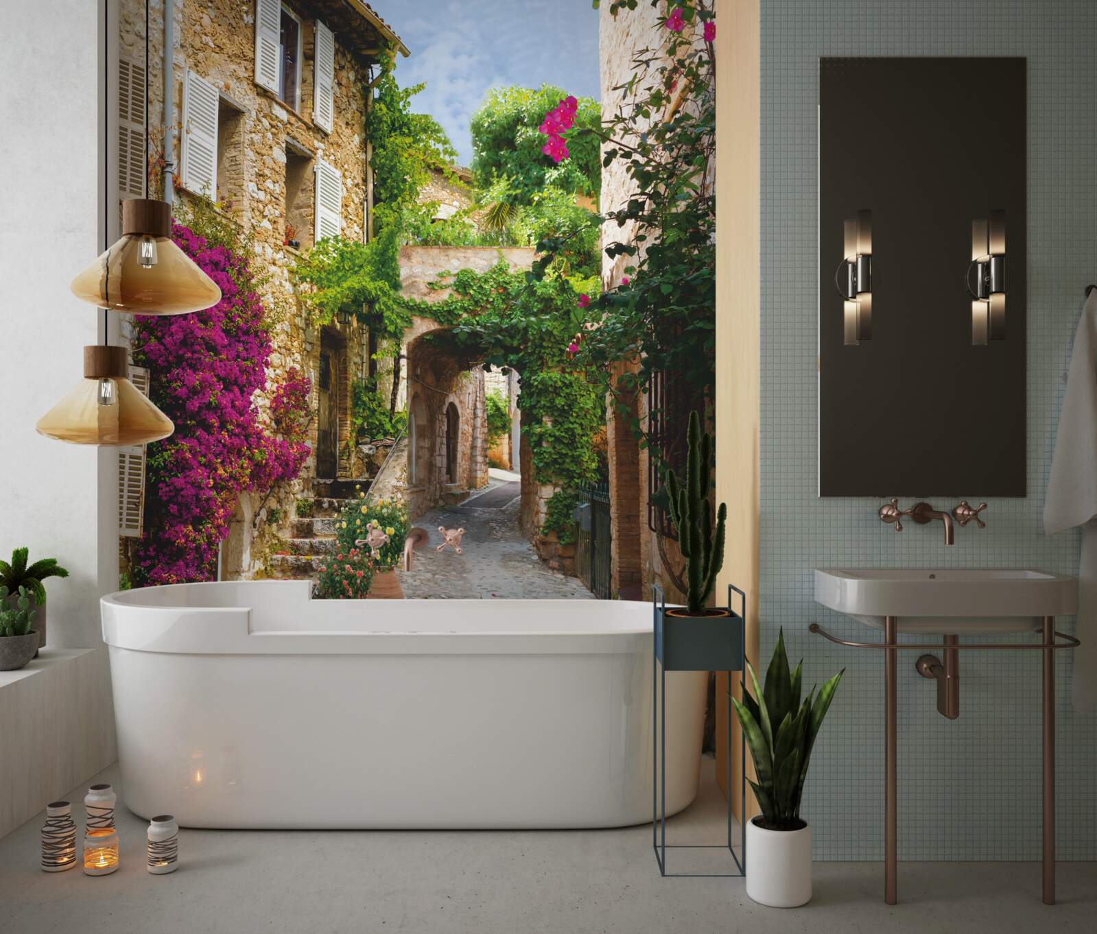 Fototapeta stará ulica ožíva rozkvitnutým brečtanom