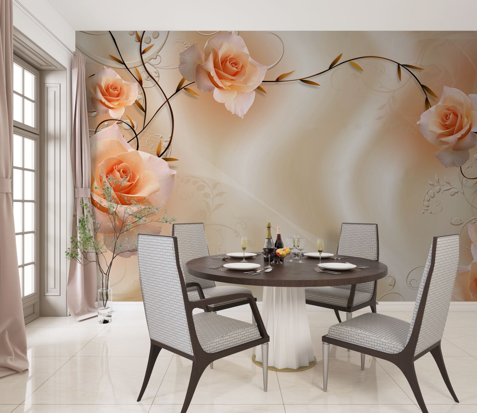 Fototapeta broskyňová ruža na vetvách a hodváb