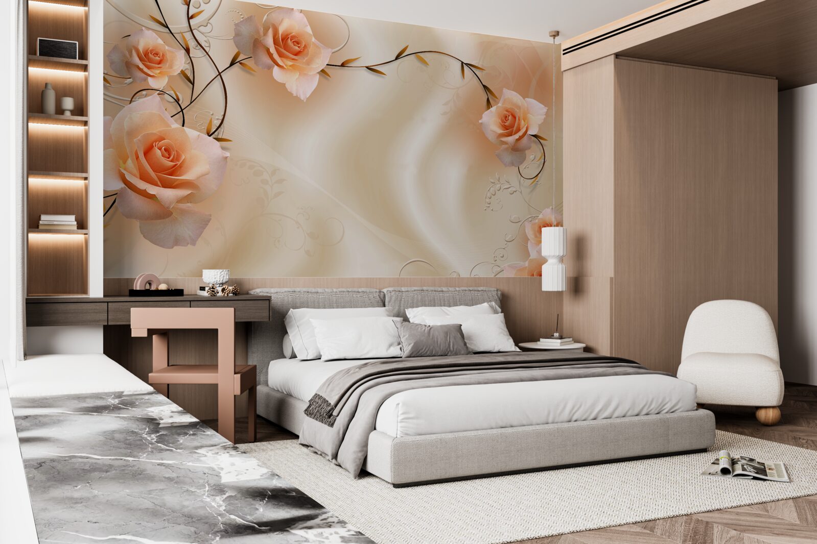 Fototapeta broskyňová ruža na vetvách a hodváb