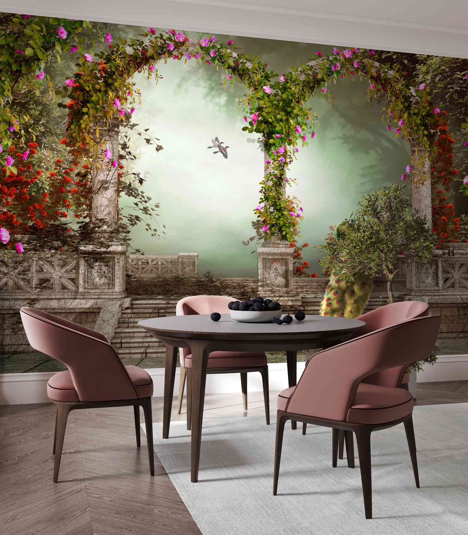 Fototapeta páv v zelených oblúkoch pokrytý listami