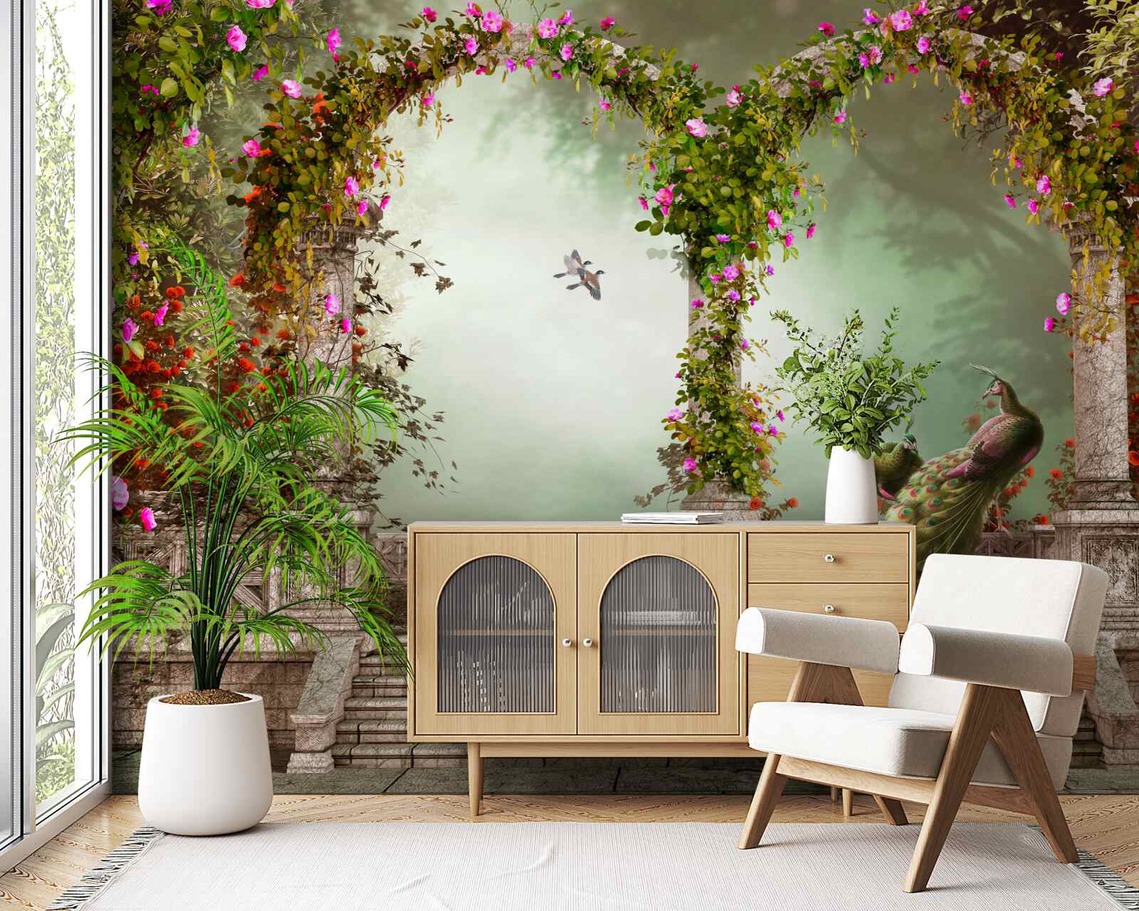 Fototapeta páv v zelených oblúkoch pokrytý listami