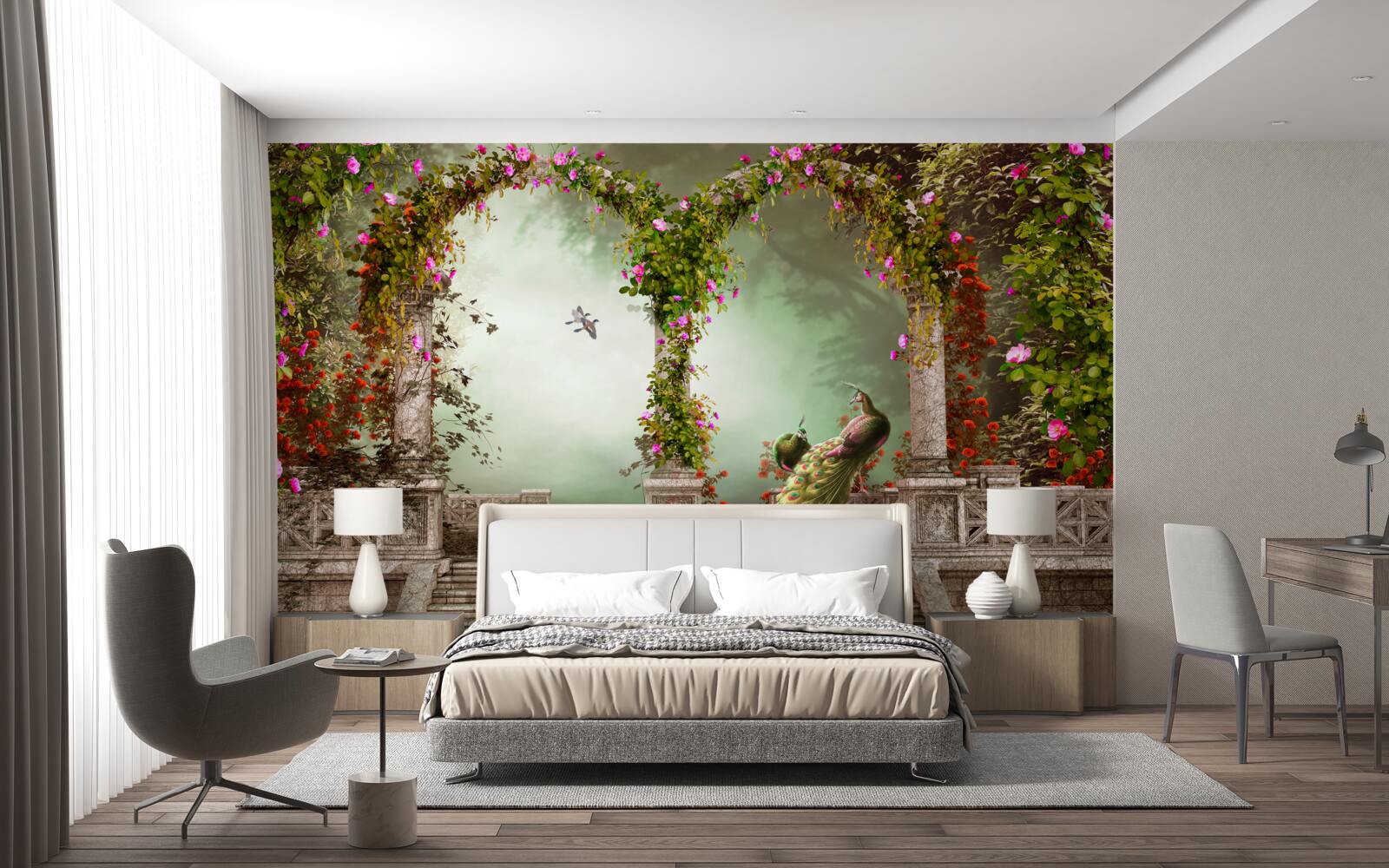 Fototapeta páv v zelených oblúkoch pokrytý listami