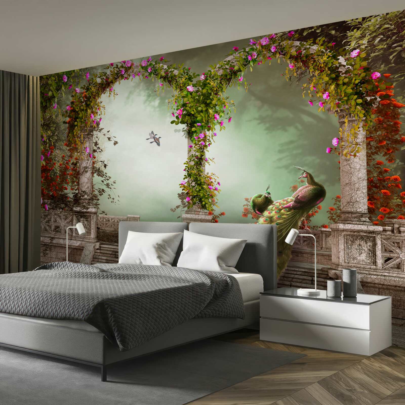 Fototapeta páv v zelených oblúkoch pokrytý listami