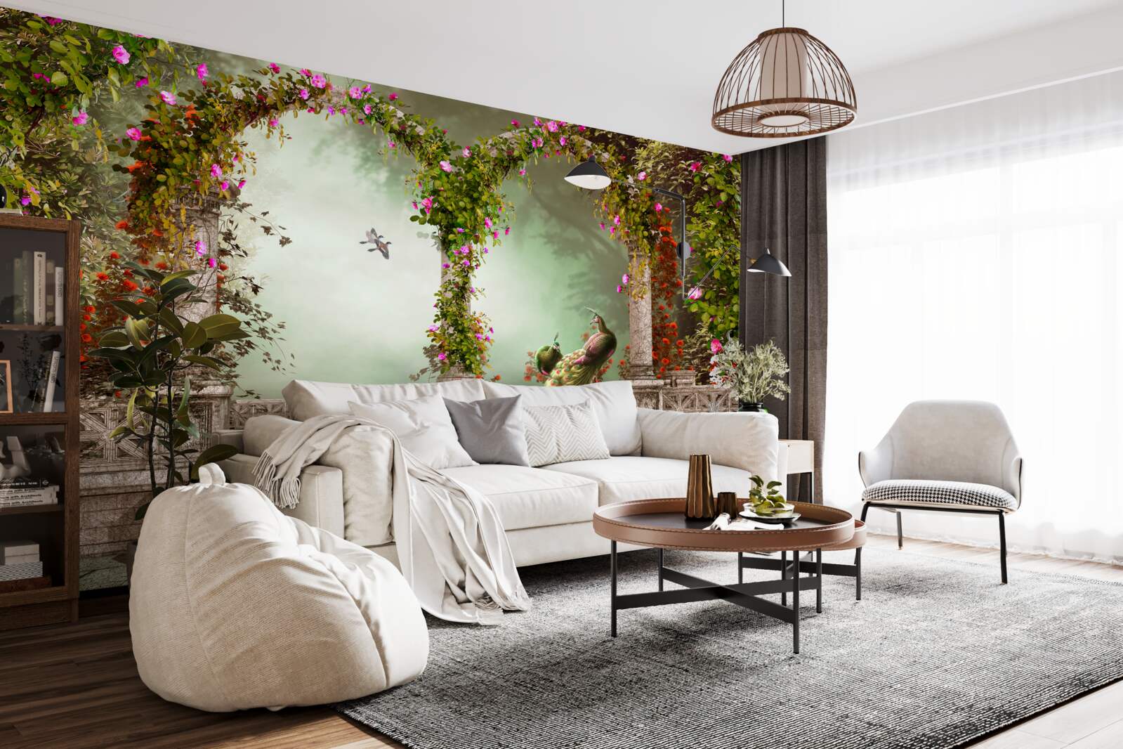 Fototapeta páv v zelených oblúkoch pokrytý listami