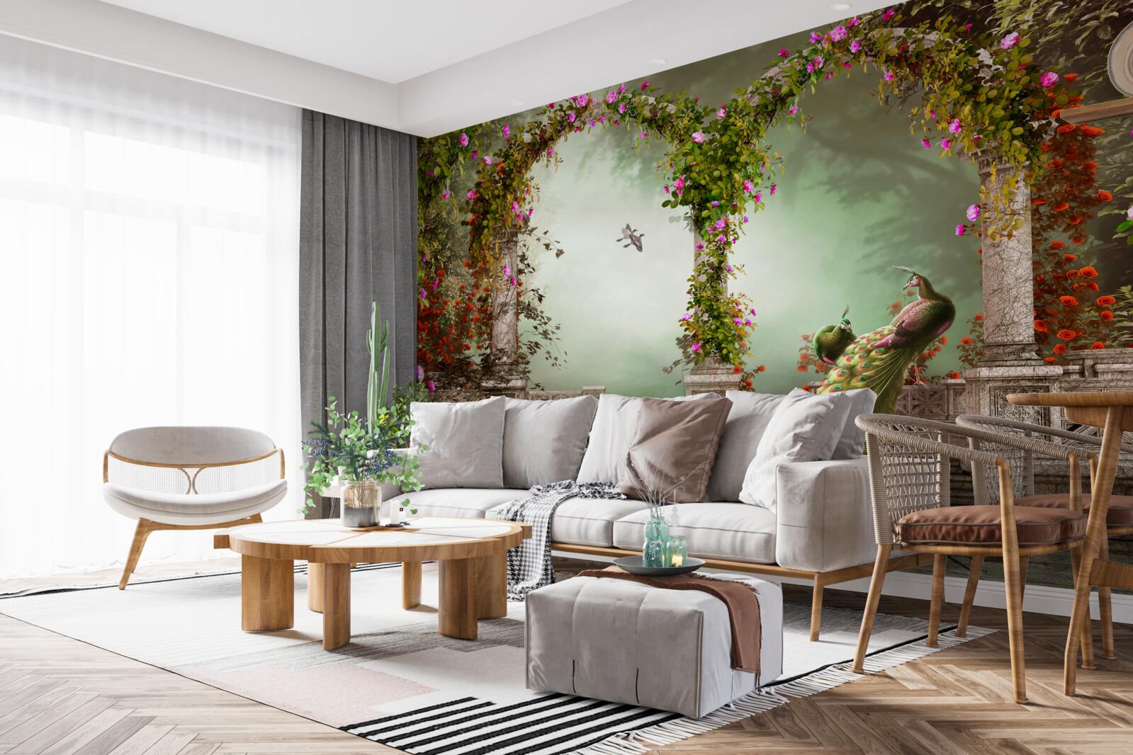 Fototapeta páv v zelených oblúkoch pokrytý listami