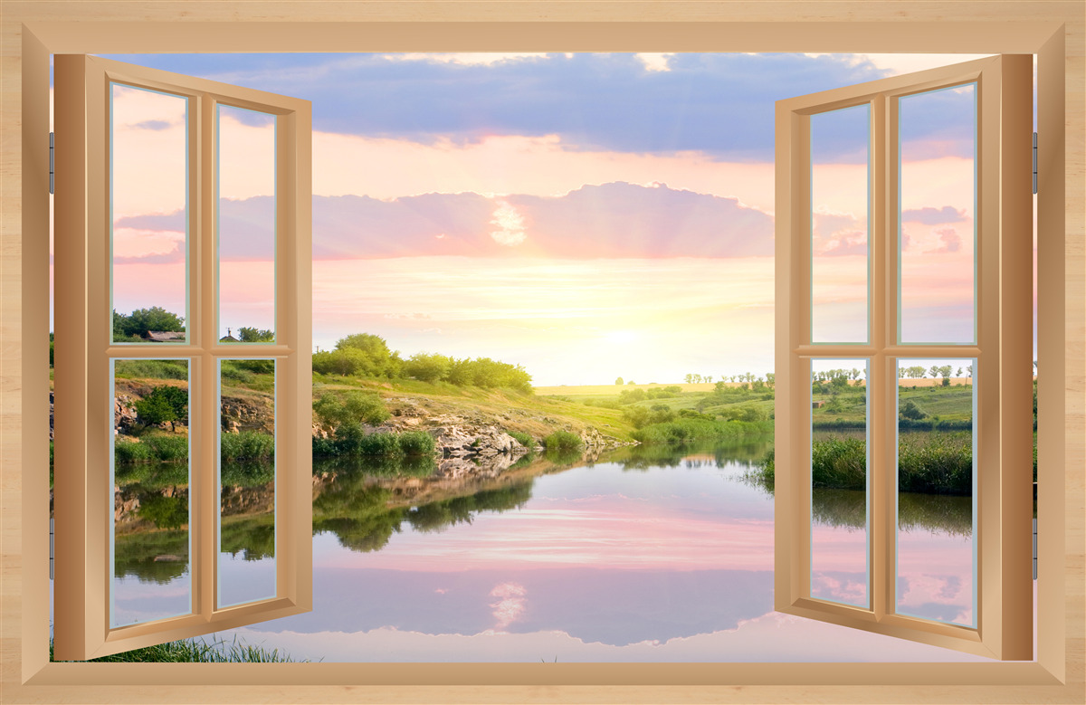 Fototapeta pohľad z okna na pokojnú vodu a zelené lúky