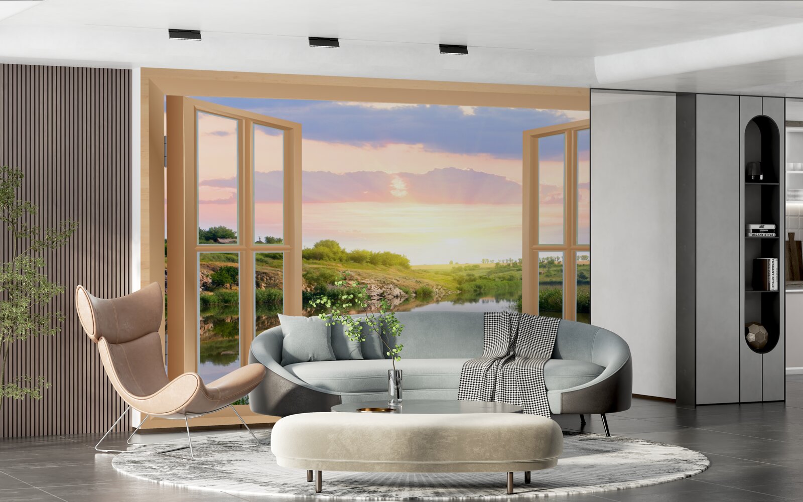 Fototapeta pohľad z okna na pokojnú vodu a zelené lúky