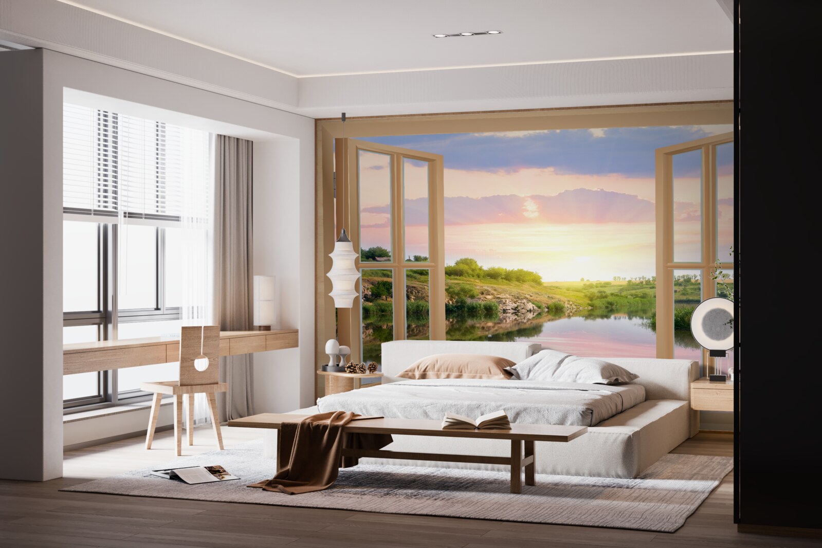 Fototapeta pohľad z okna na pokojnú vodu a zelené lúky