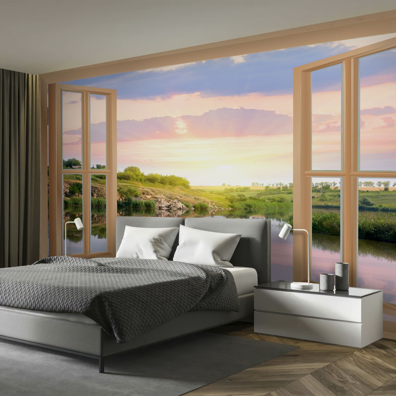 Fototapeta pohľad z okna na pokojnú vodu a zelené lúky