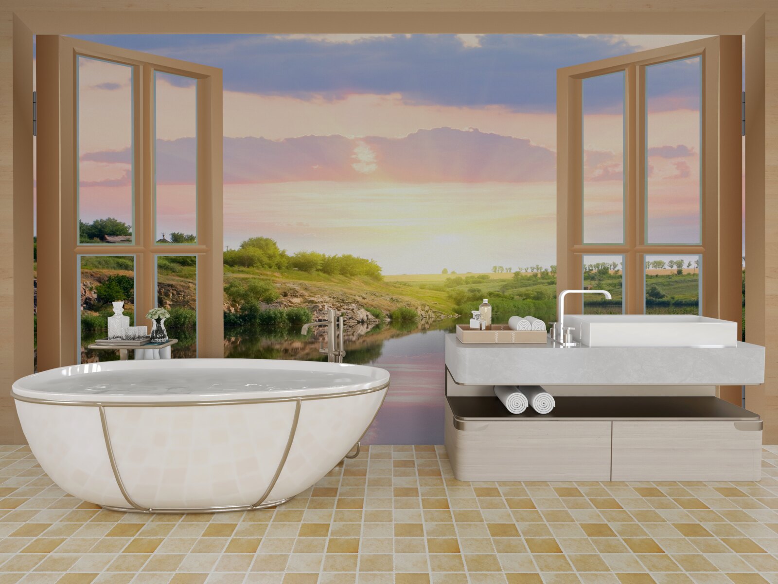 Fototapeta pohľad z okna na pokojnú vodu a zelené lúky