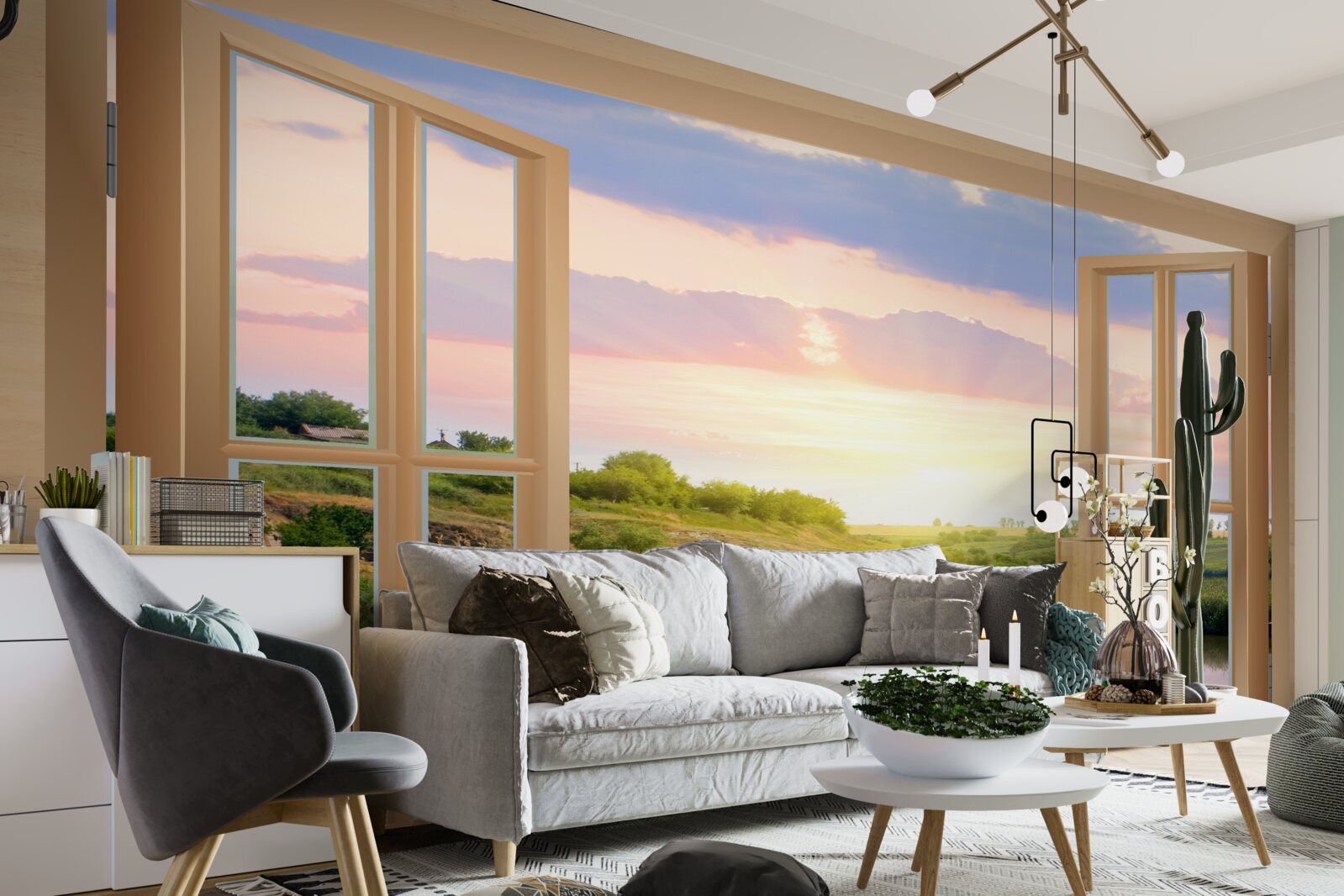 Fototapeta pohľad z okna na pokojnú vodu a zelené lúky