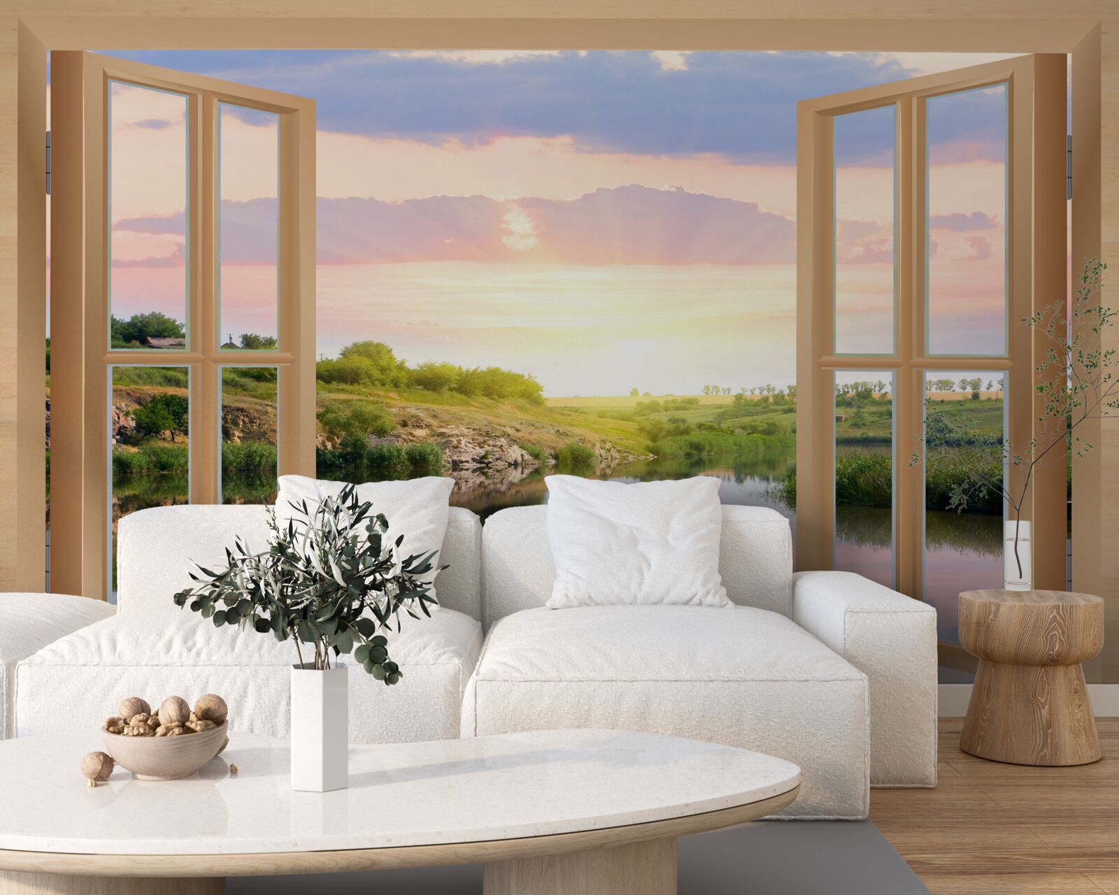 Fototapeta pohľad z okna na pokojnú vodu a zelené lúky