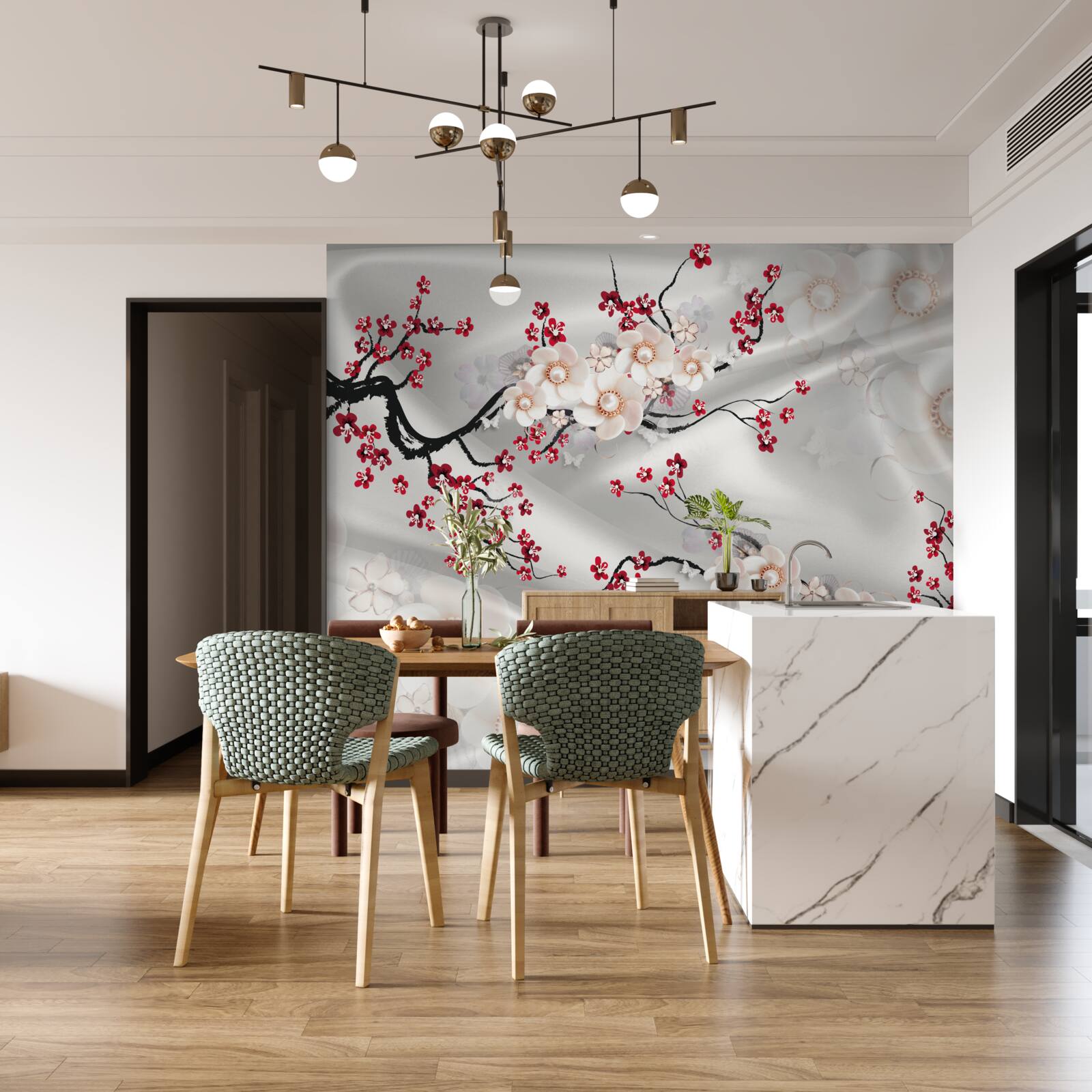 Fototapeta na konároch červenej sakury kvitli kvety