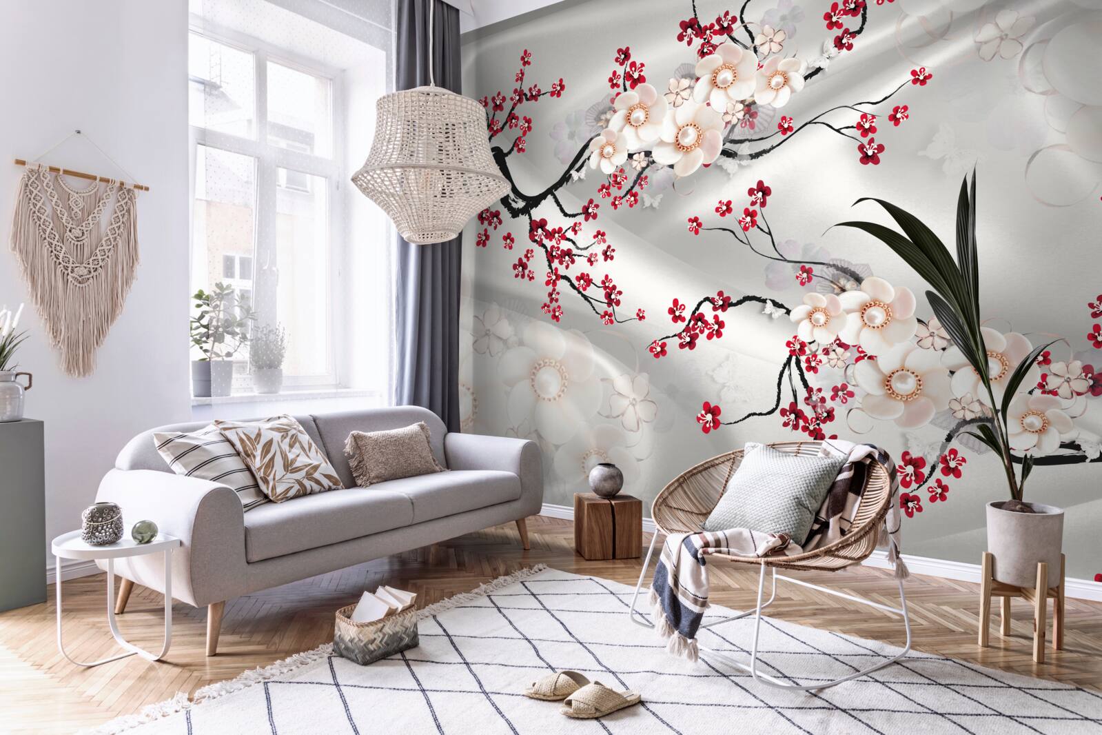 Fototapeta na konároch červenej sakury kvitli kvety