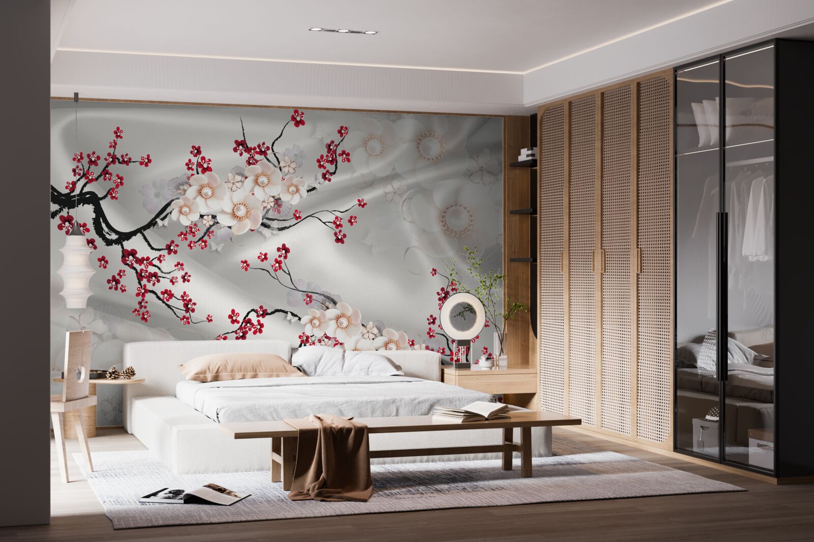 Fototapeta na konároch červenej sakury kvitli kvety