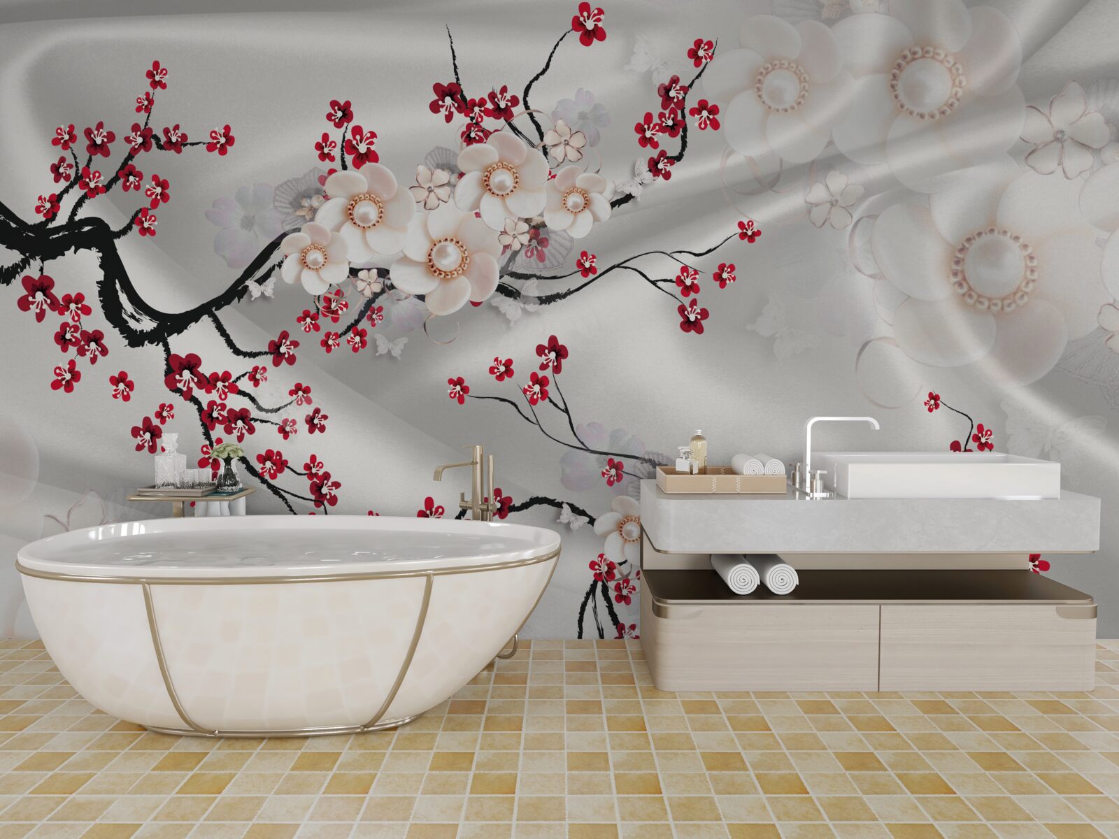 Fototapeta na konároch červenej sakury kvitli kvety