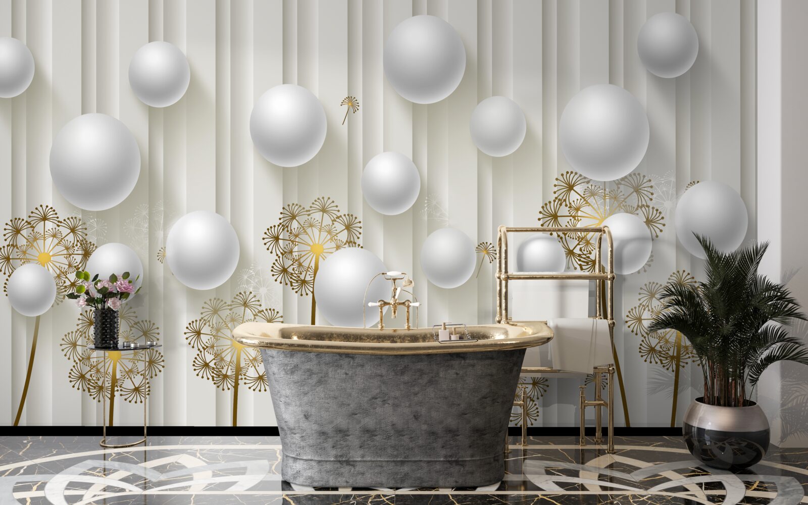 Fototapeta vo vzduchu plávajú zlaté púčiky a biele perly