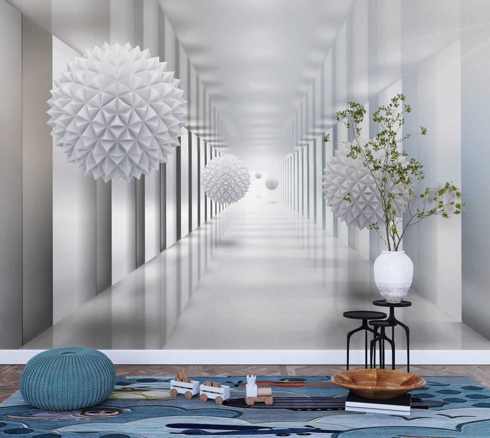 Fototapeta obdĺžnikový tunel a guľa v hĺbkovej perspektíve