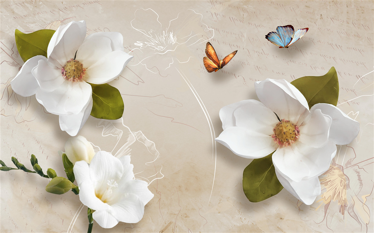 Fototapeta letné lotosy sú biele a zdobené motýľmi