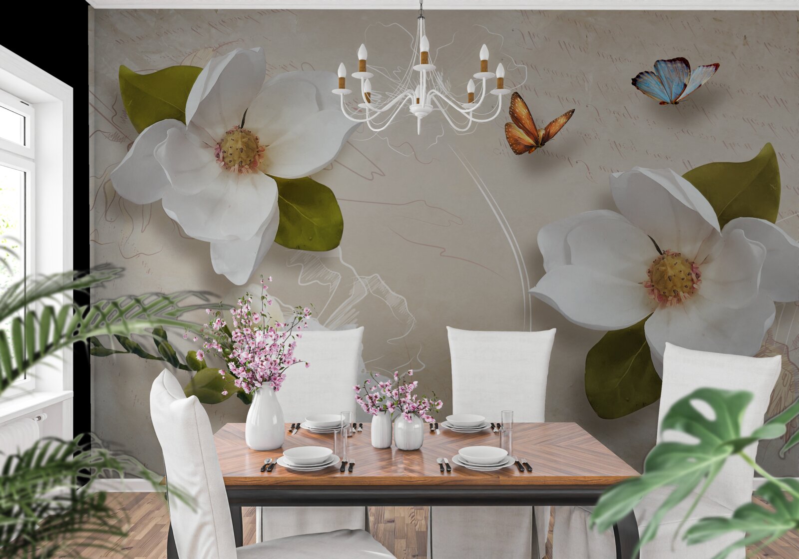 Fototapeta letné lotosy sú biele a zdobené motýľmi