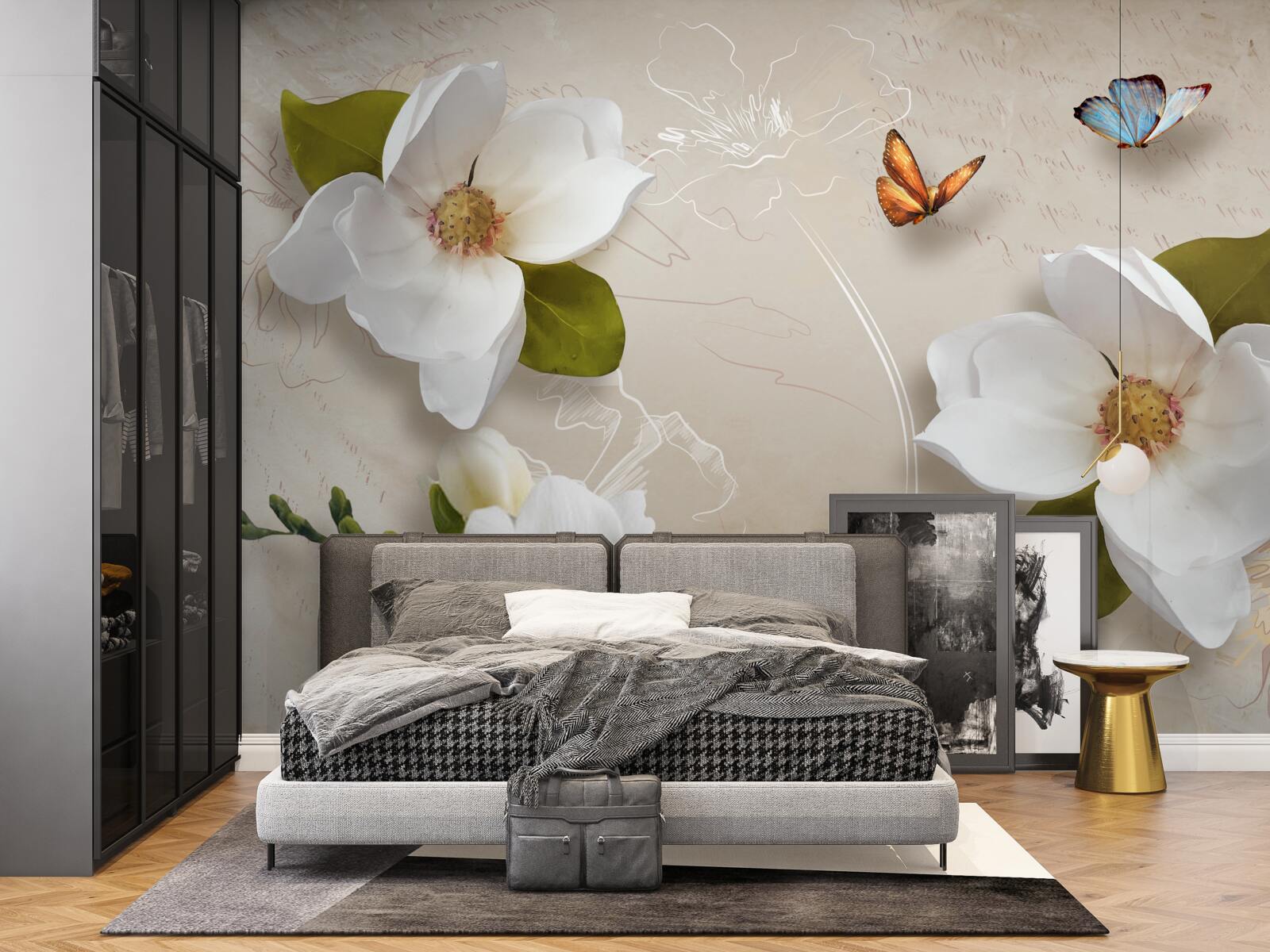 Fototapeta letné lotosy sú biele a zdobené motýľmi