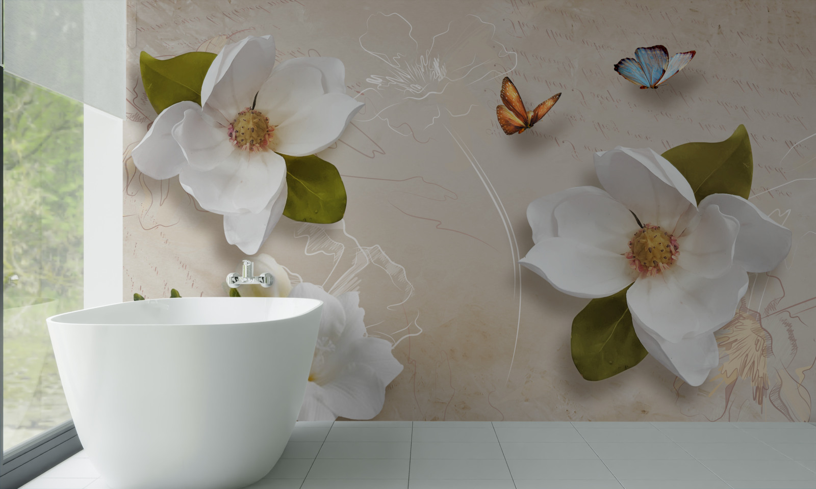 Fototapeta letné lotosy sú biele a zdobené motýľmi