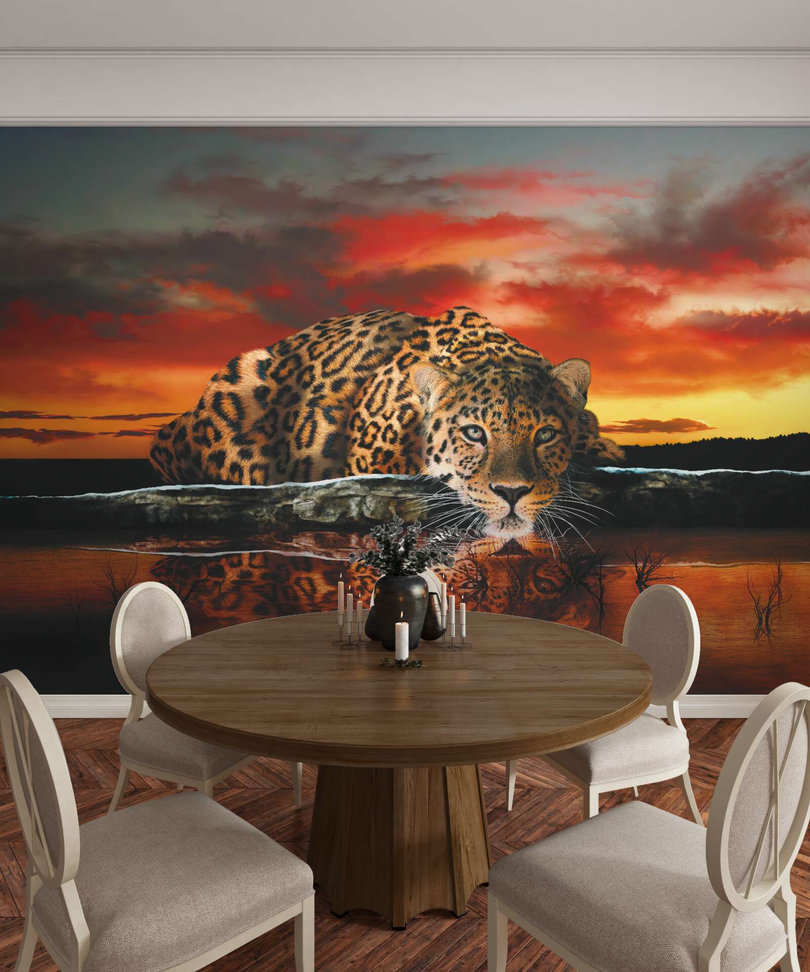 Fototapeta odraz leoparda na pozadí západu slnka