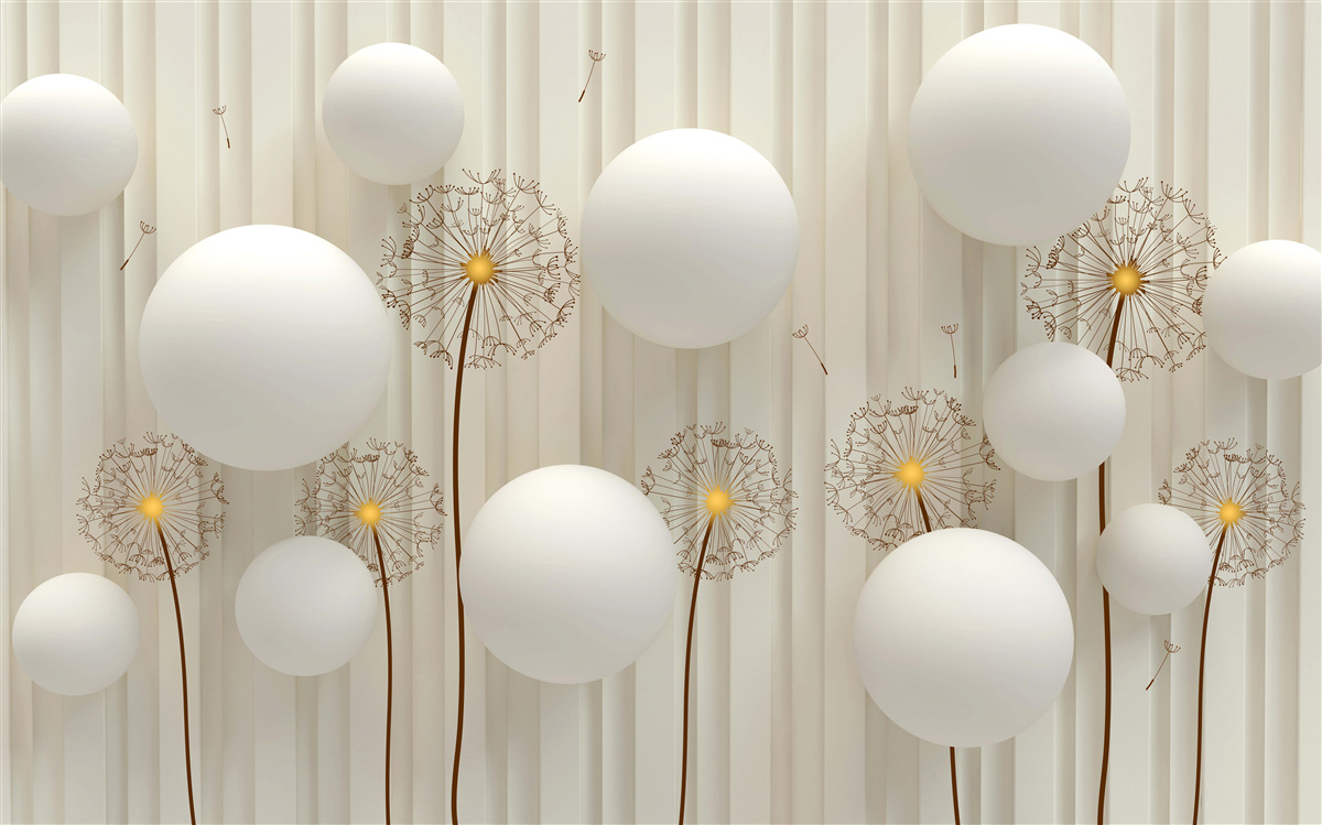 Fototapeta kompozícia s bielymi púpavami, zdobená guličkami